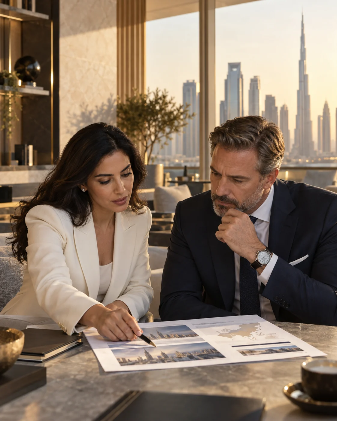 Two professionals analyze an international plan together in Dubai
