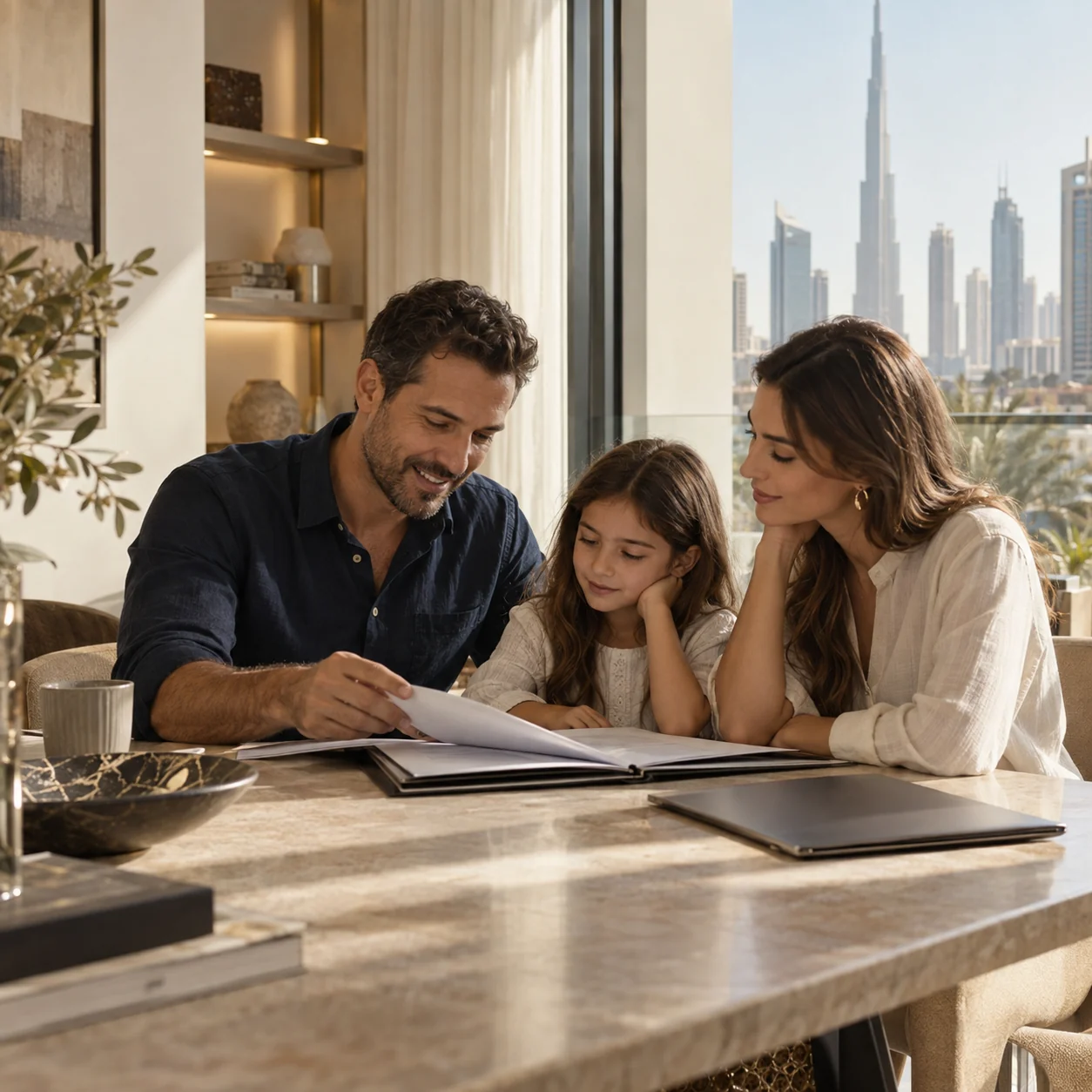 Family talks about their next steps in a home in Dubai