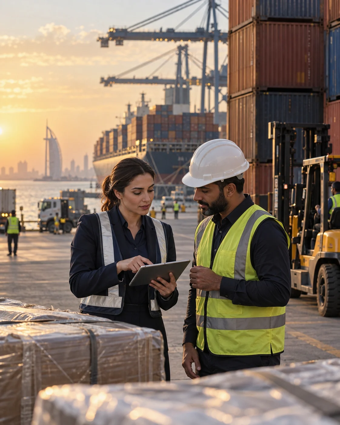 Professionals coordinate a shipment at the port of Dubai
