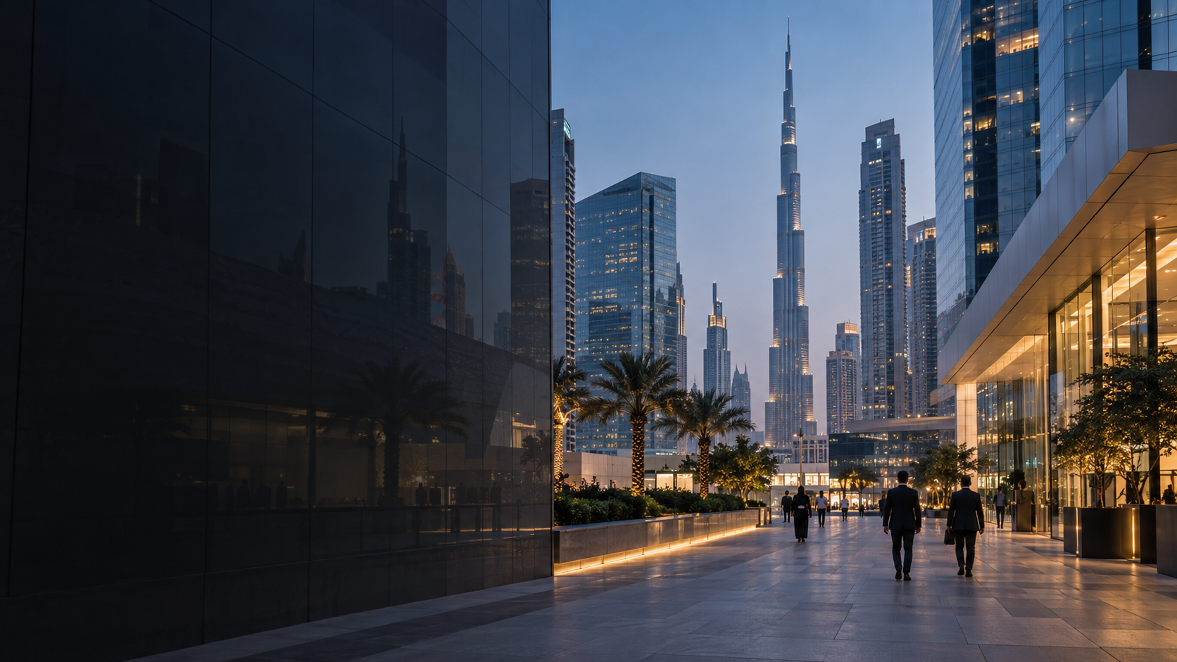 Dubai business district square and buildings at dusk