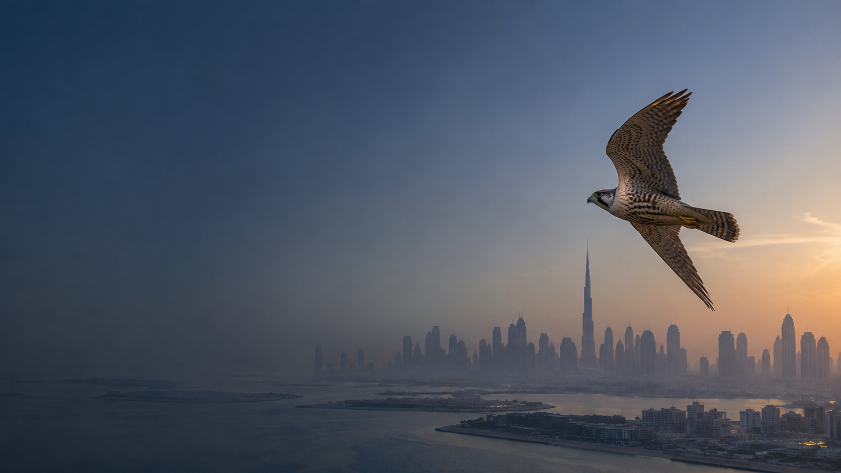 Falcon with Dubai at dawn