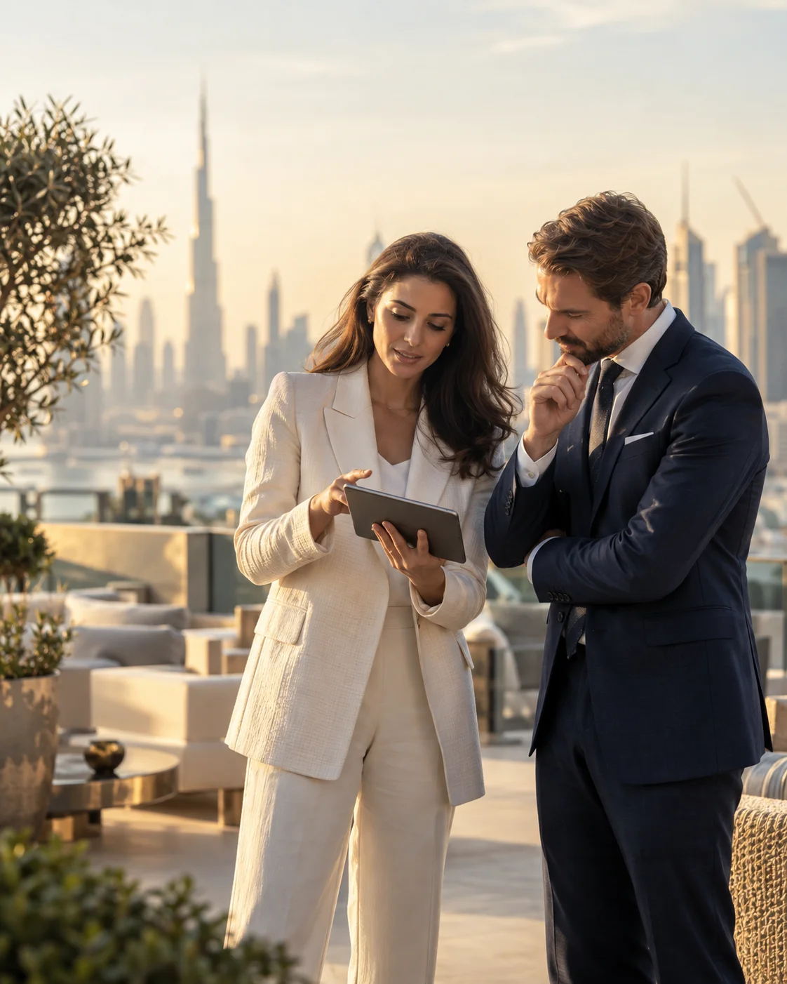 Two professionals analyze an international project together in Dubai