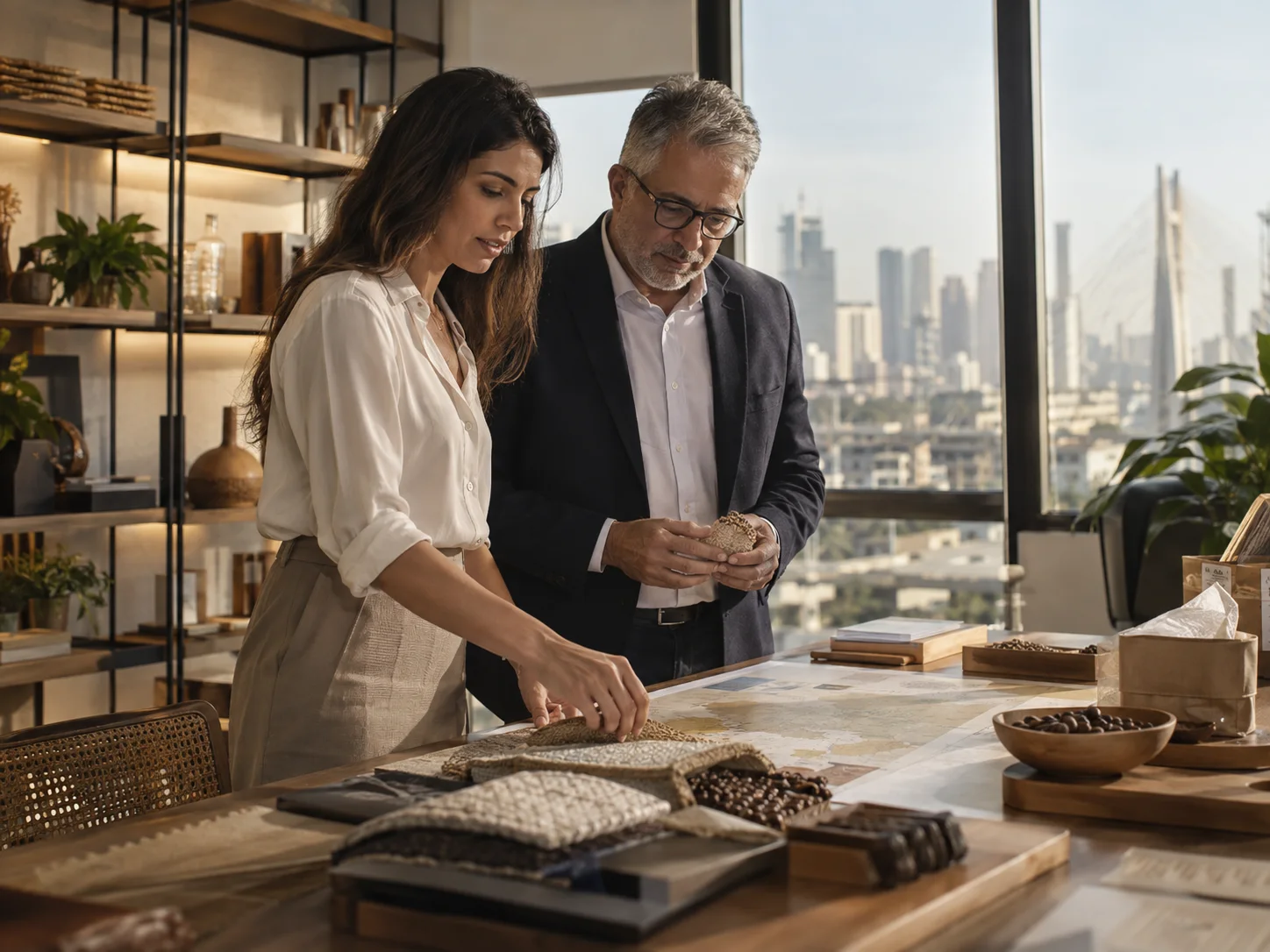 Professionals analyzing Brazilian products for international trade