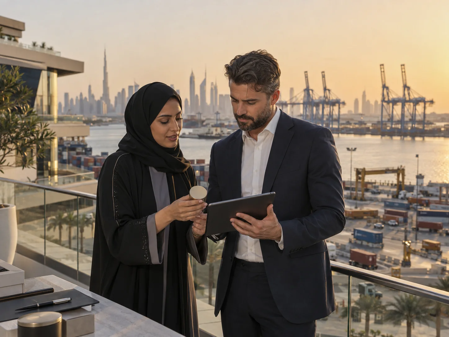 Professionals planning a business operation near the port of Dubai
