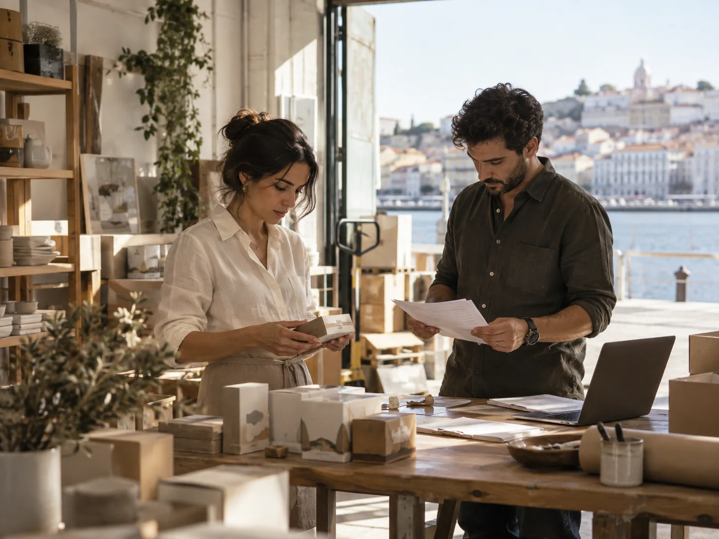 Professionals evaluating products and documents in Portugal