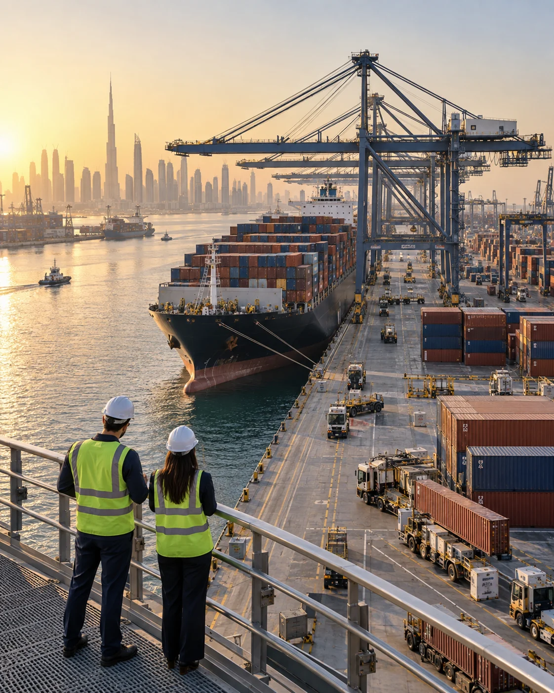 Cargo ship and logistics team at a Dubai port terminal