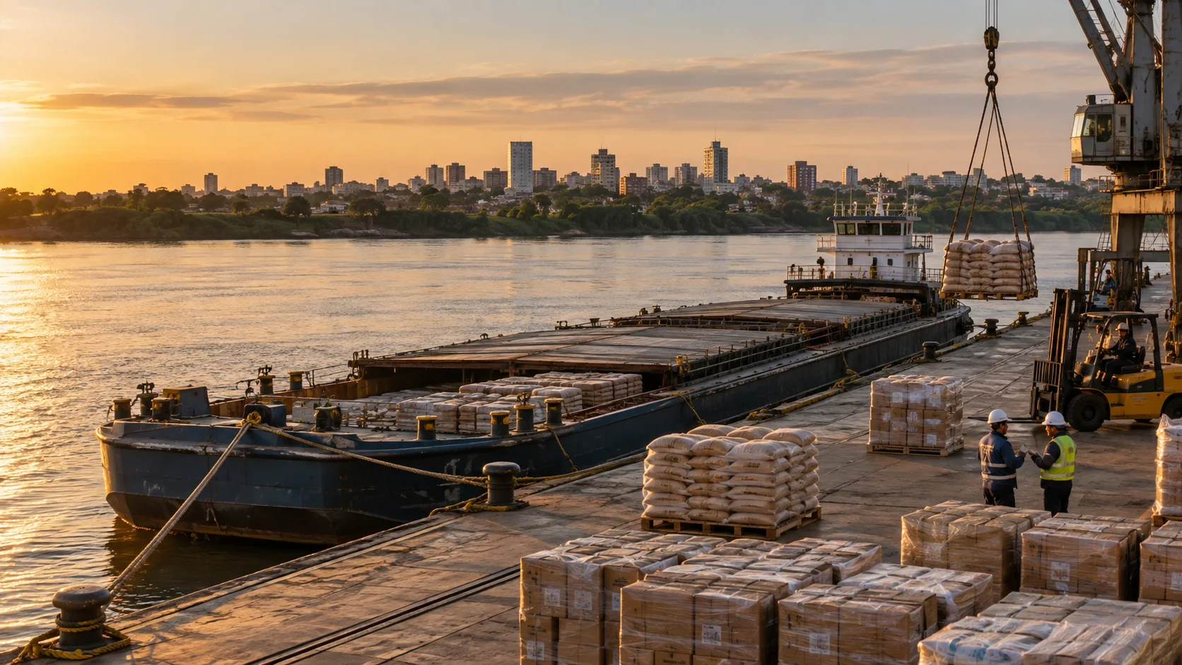Cargo ferry and goods on the banks of the Paraguay River