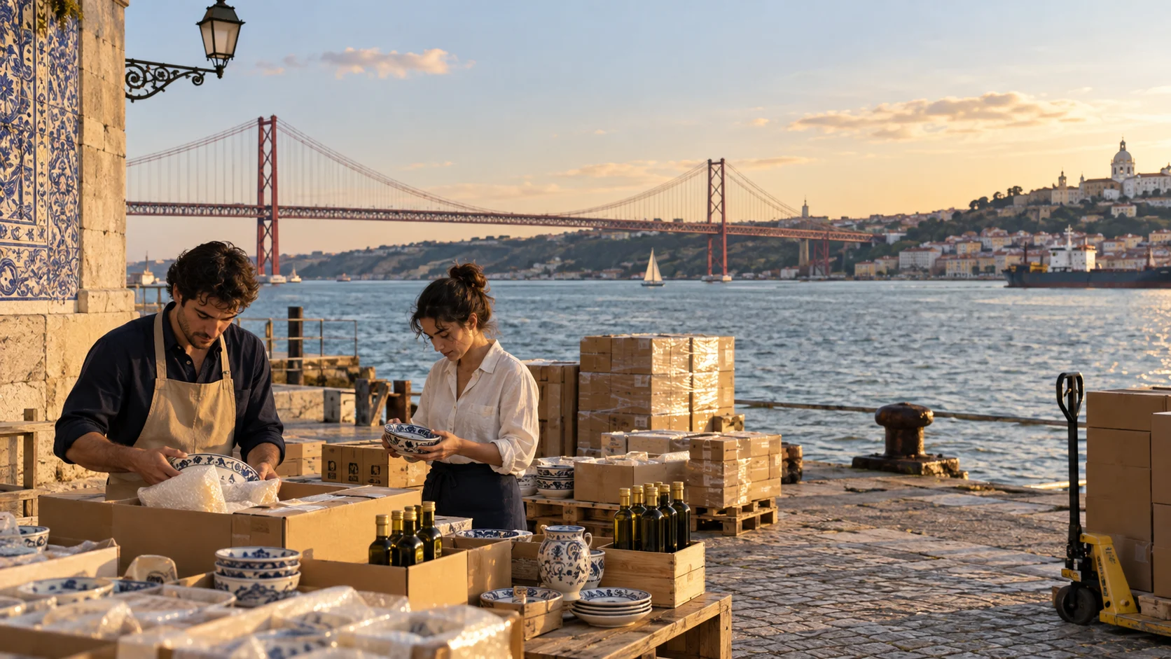Portuguese products prepared for export next to the Tagus River, in Lisbon