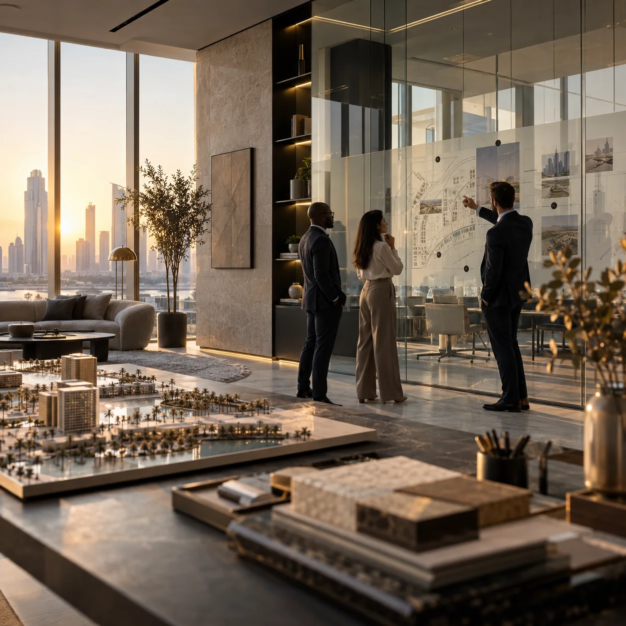 Professionals analyze the planning of a project in a glass room in Dubai