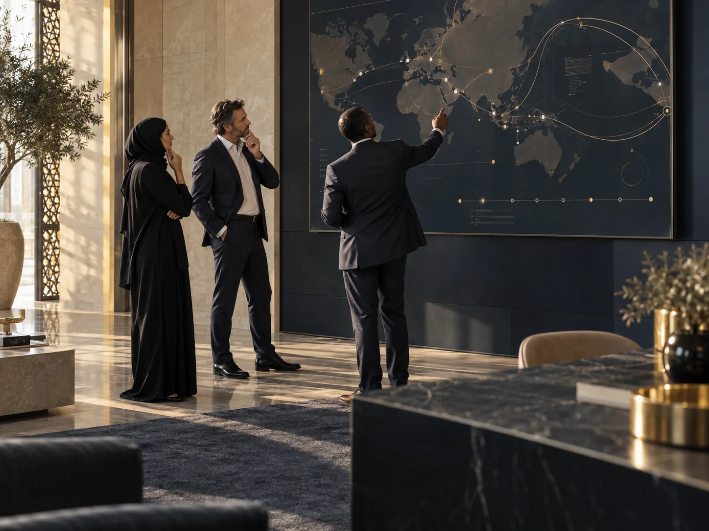 Professionals analyze a map of routes and stages of an international project